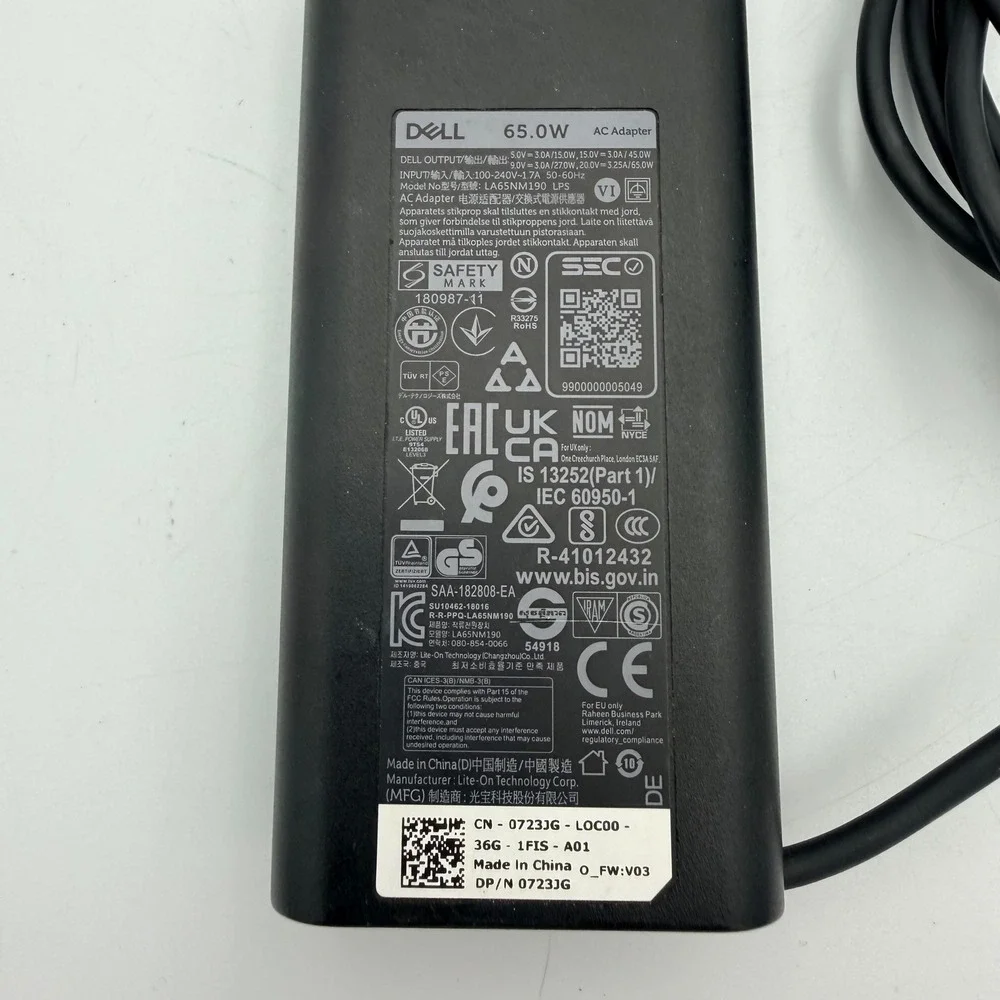 Dell 65W USB-C AC Adapter Laptop Charger LA65NM190 0723JG Black